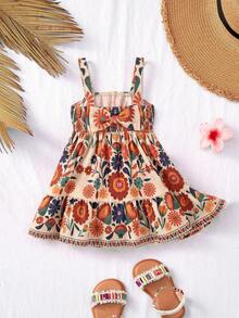 SHEIN 女宝宝夏季可爱度假树叶印花吊带裙 - 紅色 - 查看 2