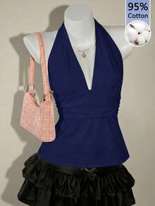 SHEIN ICON 95% Cotton Halter Deep V-Neck Cinched Waist A-Line Backless Tank Top, Solid Blue - Navy Blue - View 1