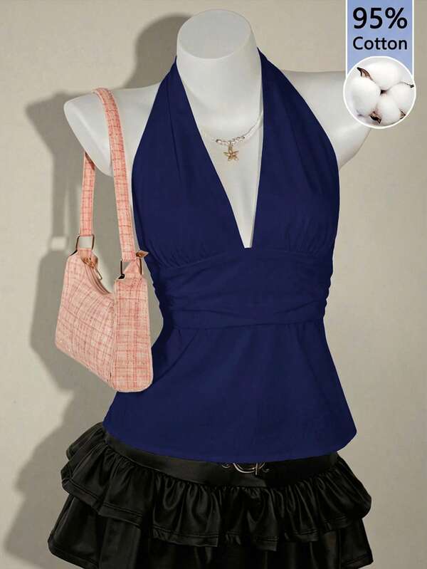 SHEIN ICON 95% Cotton Halter Deep V-Neck Cinched Waist A-Line Backless Tank Top, Solid Blue