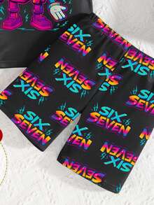 两件套男童夜光67号印花睡衣，修身短袖T恤和短裤，轻薄舒适，适合春夏穿着 - 黑色 - 查看 7