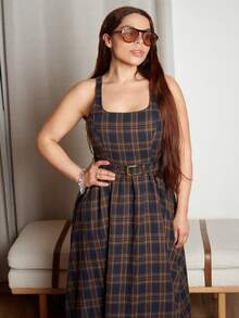 Lupita Cardoza 格子吊带连衣裙女，休闲优雅收腰无袖连衣裙 - 彩色 - 查看 5