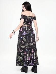ROMWE Spring/Summer Vacation Flower Gothic Dark Magic Plant Potion & Butterfly Crystal Print Off-Shoulder Cropped Top And Skirt Set For Women - Black - View 3