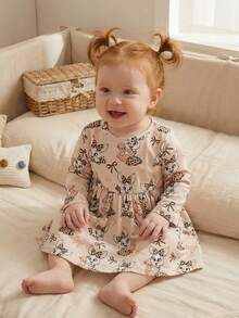 SHEIN Đầm dài tay dáng chữ A cổ tròn, eo thon, in hình thỏ vintage, chất liệu co giãn, thích hợp cho bé gái mặc hàng ngày và mặc ở nhà, mùa xuân. - Màu Khaki - Xem 2
