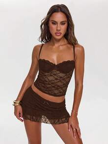 SHEIN BAE Women's Cutesy Shades Of Brown Lace A-Line Bowknot Decor Mini Skirt,Summer Night Out Music Festival Party High Street Rave Graduation Outings - Coffee Brown - View 5