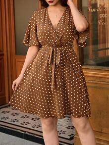 SHEIN Unity Plus Size Polka Dot Wrap Ruffle Hem Short Sleeve Summer Dress - Coffee Brown - View 5