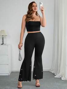 Chikora Plus Size Stretchy Lace Patchwork Flare Leg Black Pants - Black - View 6