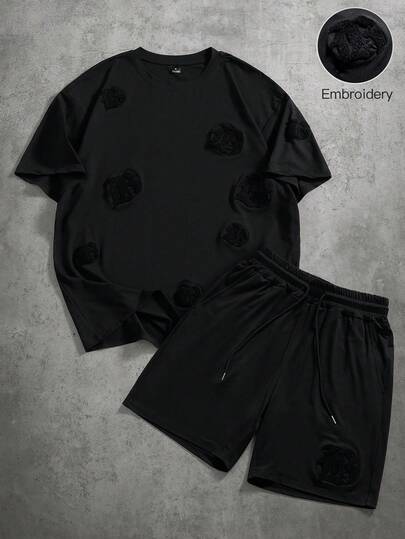 PAVTROS 男士纯色字母刺绣圆领短袖T恤和短裤休闲套装