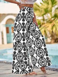 Breezaya Women's Fashionable Casual Printed Wide Leg Pants - Black - View 5