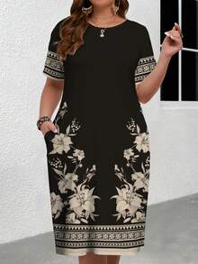 SHEIN CURVE+ Curve Size US22Music Festival, Seaside Vacation, Bohemia2025 Spring/Summer Artistic Textured Floral Print Short Sleeve Round Neck Midi Dress, Suitable For Mother's Day Gathering Black And White Dress Pocket Dress Floral Print Dress - Black and White - View 6