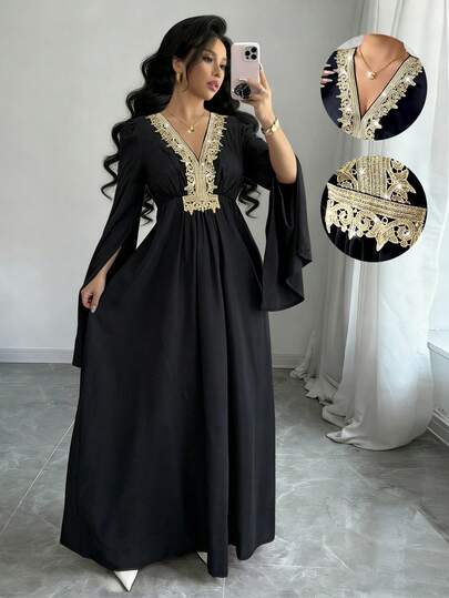 Rafferiza Women's New Arrivals: Spring, Summer, Autumn - Elegant And Glamorous - Birthday Party, Evening Party, Vacation, Everyday Wear - Muslim Style - Black And Gold Style - Black Robe Dress, Gold Robe Dress, Gold Lace Dress, Elegant Long Dress, Day Dress, Long Dress, Festival Wear, Party Wear, Sparkling Dress, Wedding Guest Dress, Elegant Party Dress, Carnival Dress, Summer Dress, Women's Long Summer Dress, Women's Spring Dress