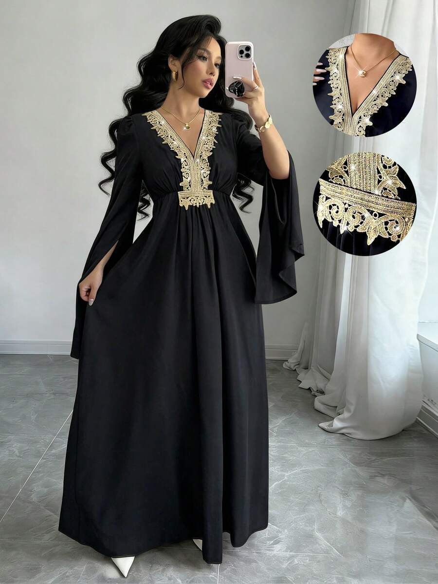 Rafferiza Women's New Arrivals: Spring, Summer, Autumn - Elegant And Glamorous - Birthday Party, Evening Party, Vacation, Everyday Wear - Muslim Style - Black And Gold Style - Black Robe Dress, Gold Robe Dress, Gold Lace Dress, Elegant Long Dress, Day Dress, Long Dress, Festival Wear, Party Wear, Sparkling Dress, Wedding Guest Dress, Elegant Party Dress, Carnival Dress, Summer Dress, Women's Long Summer Dress, Women's Spring Dress - Black - View 1