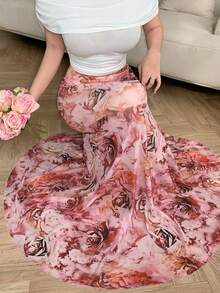 Celisse Women's Elastic Waist Asymmetric Digital Print Casual Elegant Skirt, Spring/Summer Maxi Floral Skirt Rose Print Skirt - Multicolor - View 6