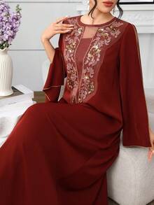 Al Najma Sequin Embellished Slit Sleeve Women's Turkish Maxi Dress & Arabic Traditional Abaya Kaftan Jalabiya Dress - Redwood - View 9