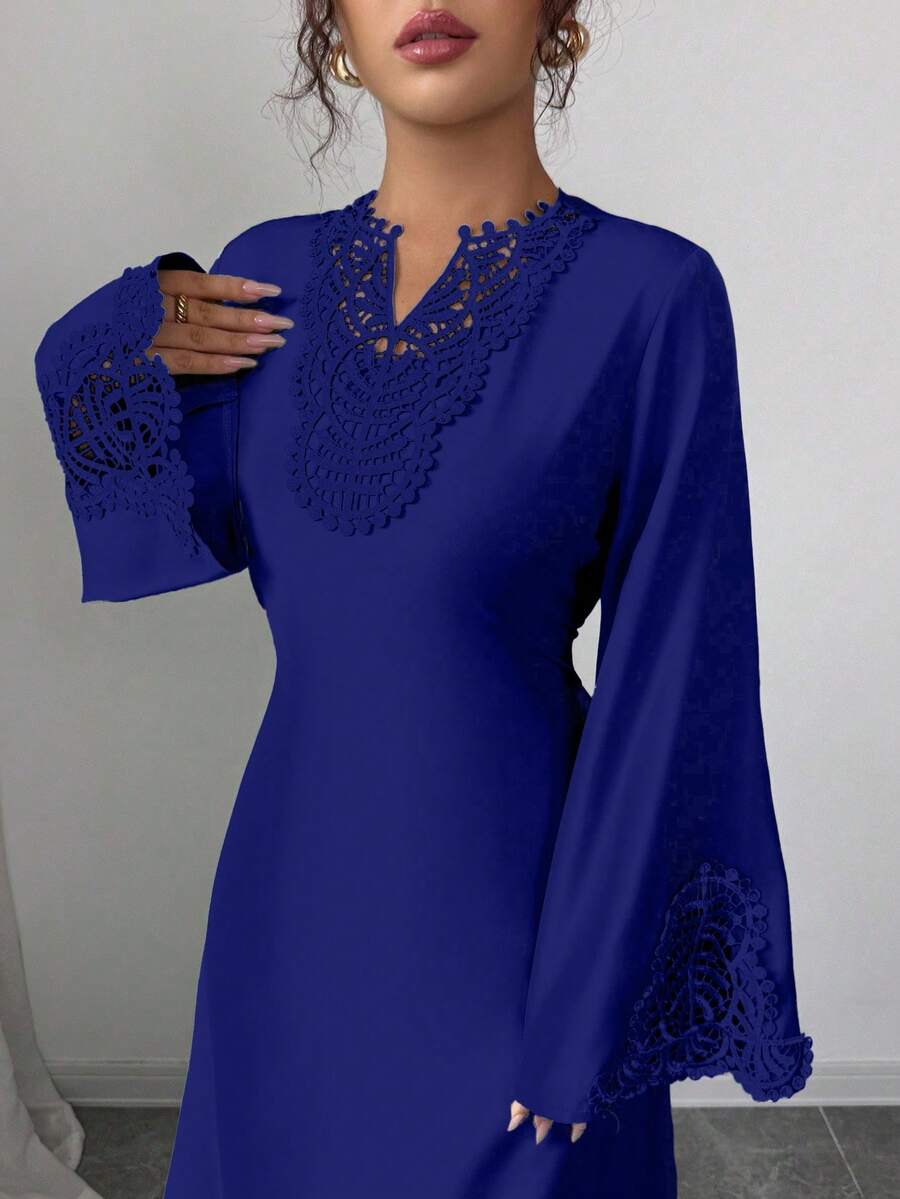 Rafferiza Women's Loose V-Neck Ruffle Hem Long Sleeve Robe, Turkish Robe, Arabian Robe - Blue - View 1