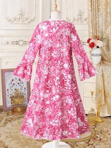 SHEIN 新款碎花连衣裙，适合大女孩——甜美蝴蝶公主长裙，时尚少女服装。V领喇叭袖优雅连衣裙，日常穿着或度假皆宜。 - 彩色 - 查看 2