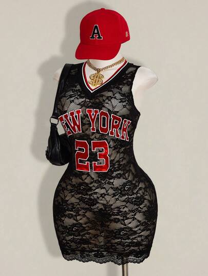 SHEIN ICON 大码女式蕾丝球赛字母印花紧身连衣裙