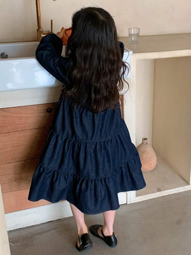 Young Girl' Washed Round Neck Loose Denim Dress, Korean Style