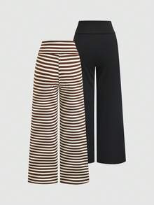 Sweetra Conjunto de pantalones de talle alto, ajustado y de rayas en marrón y negro, de estilo universitario retro y casual, versátil para citas de primavera/verano, uso diario y viajes - Multicolor - Ver 2