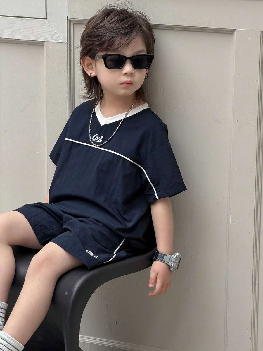 DAZY 两件套男童V领字母刺绣短袖T恤和短裤休闲日常套装 - 藏蓝色 - 查看 1