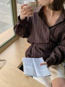 DAZY Áo sơ mi nữ dài tay kẻ sọc kiểu Hàn Quốc, thắt nơ phía trước. - Màu xanh lam - Xem 4