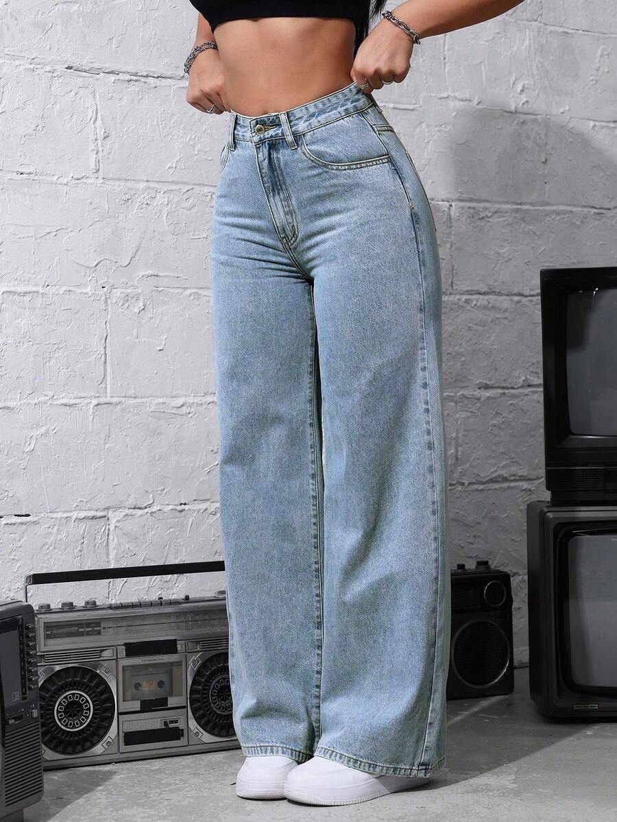 SHEIN ICON Front Button Multi-Pocket Casual Loose Jeans, Daily Wear - Light Wash - View 1