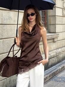 Siren Gaze 女士蕾丝缎面不对称派对吊带背心，女士无袖性感修身露背短款上衣（棕色和黑色），优雅女士衬衫 - 棕色 - 查看 3