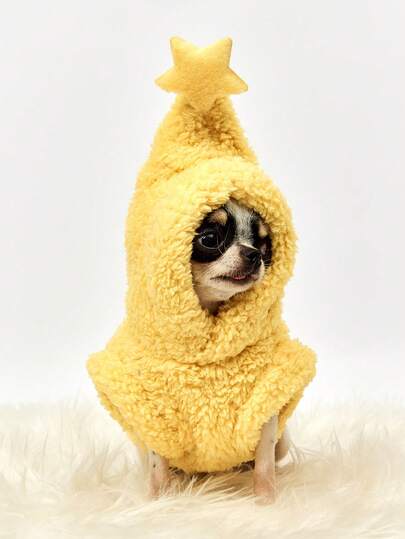 PETSIN 1 Piece Of Small And Medium-Sized Fluffy Wool Lined Thick Pet Vest Hooded Pajamas, With A Star Decoration On The Tip Of The Hat In Yellow, Warm, Comfortable, Soft And Breathable Autumn And Winter Pet Clothing, Suitable For Dogs, Cats, Bears, Frise Pomerania Daily Home Wear, Outdoor Use Gifts, Suitable For Pet Enthusiasts, Holiday Pet Fashion Essentials, Comfortable Pet Clothing For Small And Medium-Sized Pets