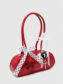 ROMWE Kawaii Túi xách nữ kiểu dáng retro dễ thương họa tiết kẻ caro, quai nơ, trang trí hình trái tim anh đào, nhiều ngăn, kiểu Boston Tote. - Màu Hoa hồng đỏ - Xem 2