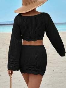 EURMUSE Bộ váy ngắn khoét rỗng và áo khoác ngoài - màu đen - Xem 2