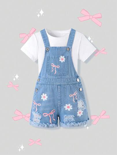 SHEIN Playful Pals Young Girl Floral Bow Floral Print Distressed Denim Bib Shorts, Sweet And Fresh