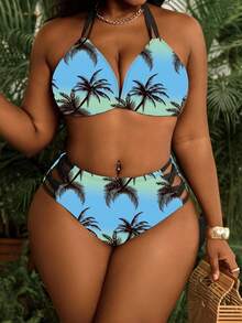 Slaydiva Plus Size Two-Tier Coconut Tree Print Tie-Front Sexy Summer Beach Bikini Set - Multicolor - View 3