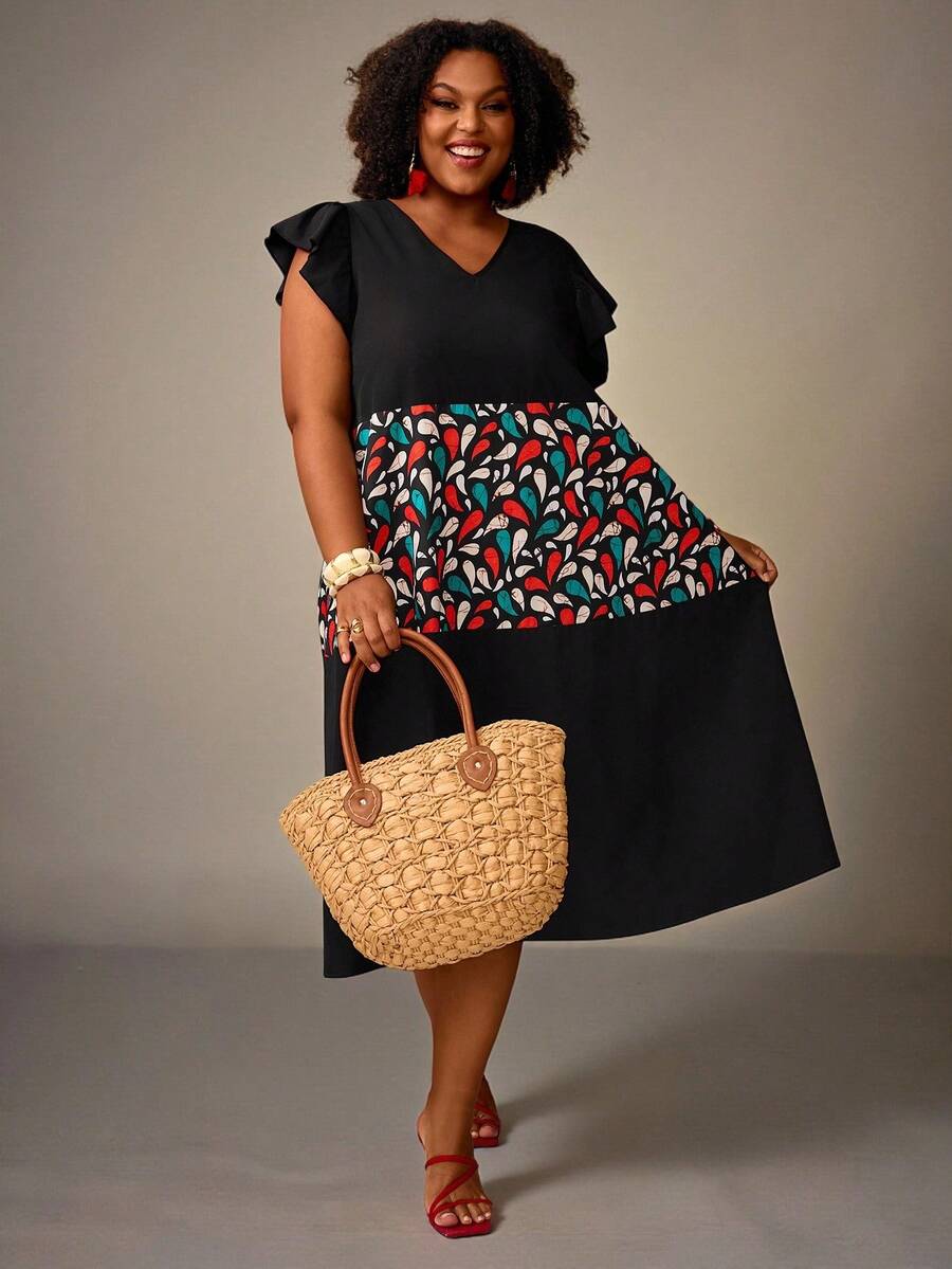 EMERY ROSE 大码休闲度假印花拼接连衣裙 - 彩色 - 查看 1