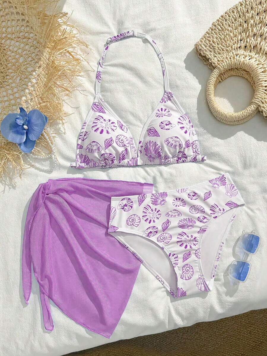 SHEIN 少女比基尼套装,休闲可爱的紫色贝壳三件套泳衣,带裙子,时尚休闲,精致华丽,适合游泳,适合夏季度假、海滩、游泳池、夏季派对、休闲度假。淡紫色泳衣,少女薰衣草色泳装,少女泳衣,薰衣草色保守比基尼套装,三件套泳衣,少女薰衣草色泳装,三件套泳衣套装 - 紫色 - 查看 1