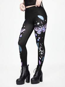 ROMWE Vacation Outfit Gothic Mysterious Moth Print Tight Leggings For Women - Black - View 4