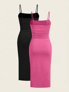 SHEIN EZwear Plus Size Women's Summer Sleeveless Dress, Rose Red & Black, Summer Dresses - Hot Pink - View 2
