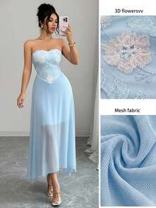 Modelyn 女士优雅刺绣网纱连衣裙，适合派对和聚会 - 藍色 - 查看 1