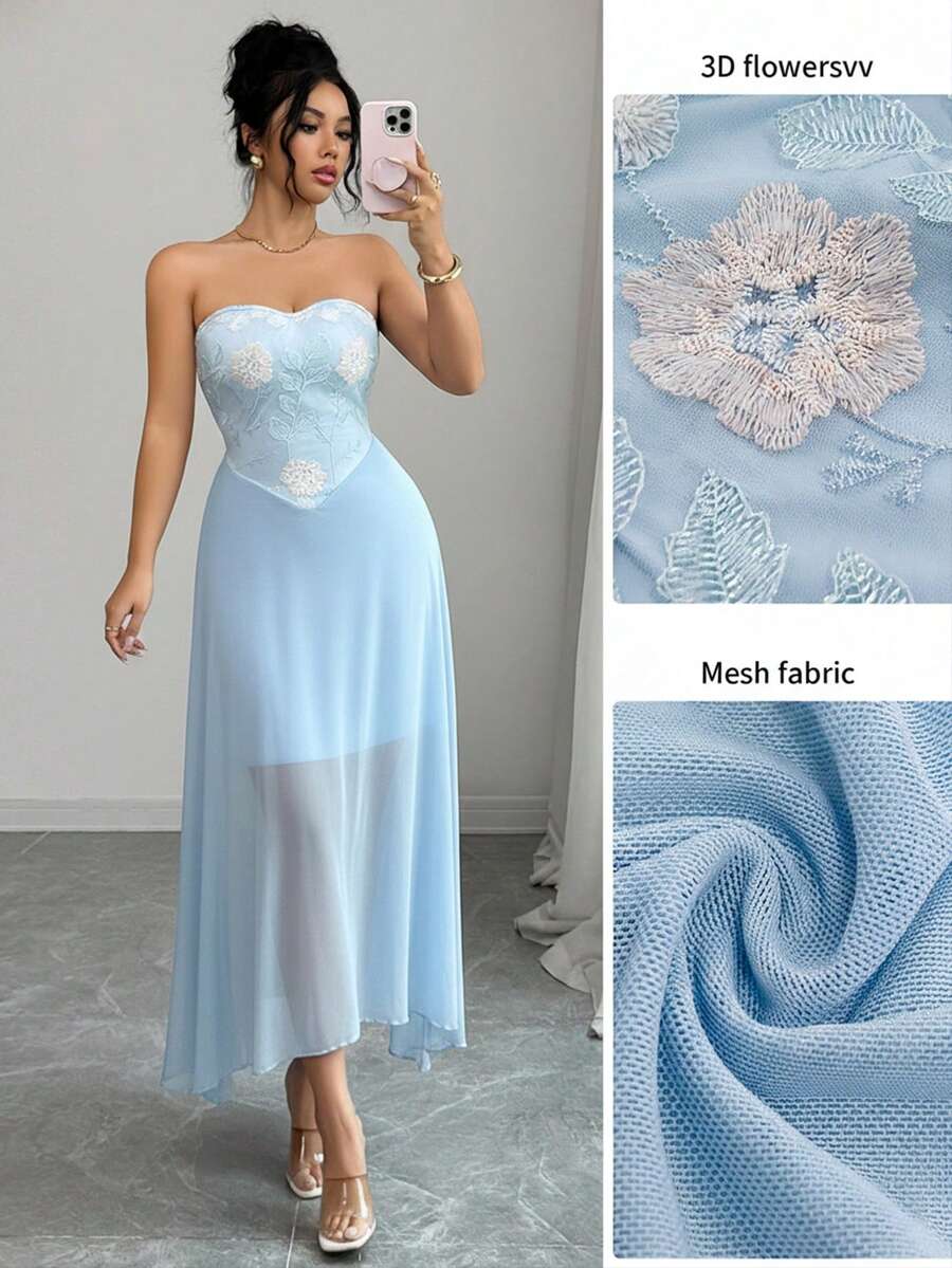 Modelyn 女士优雅刺绣网纱连衣裙，适合派对和聚会 - 藍色 - 查看 1