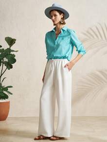 Airaco 女士常规肩长袖条纹前开襟简约衬衫 - 綠色 - 查看 7