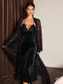 SHEIN Slumberist Sexy Sheer Lace Tie-Up Long Sleeve Robe + Contrast Lace & Velvet Slip Dress 2 Pieces Set For Women - Black - View 6