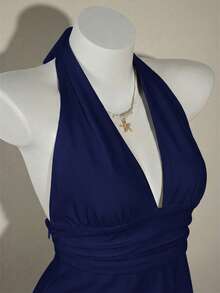 SHEIN ICON 95% Cotton Halter Deep V-Neck Cinched Waist A-Line Backless Tank Top, Solid Blue - Navy Blue - View 4