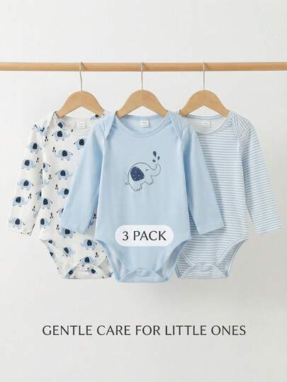 SHEIN 男婴卡通大象条纹印花圆领长袖连体衣