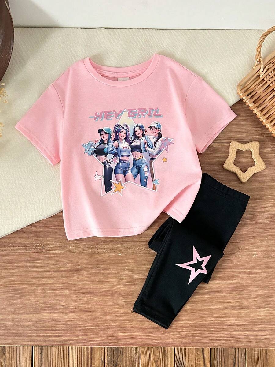 SHEIN 女婴卡通字母印花圆领短袖上衣和裤子休闲套装 - 彩色 - 查看 1