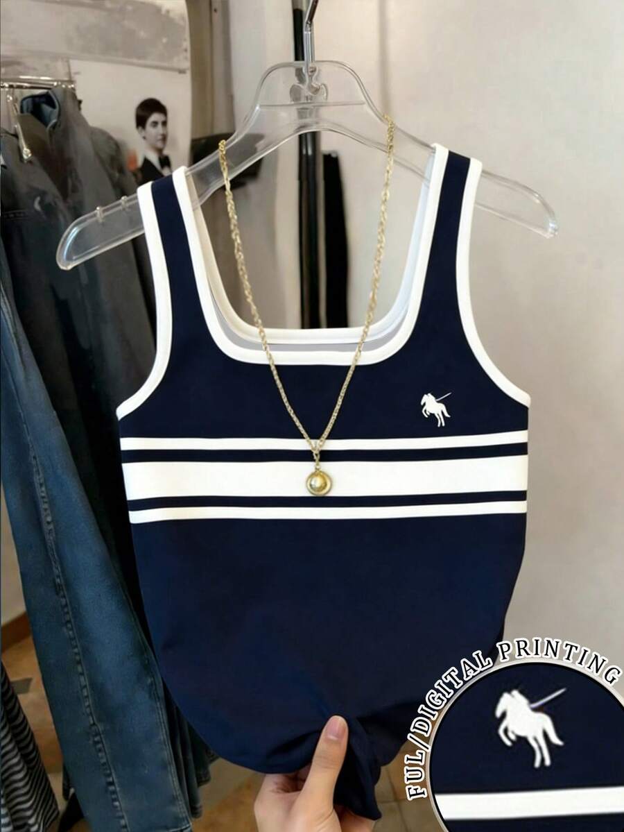 Resyla Women's Casual Knight Print Patchwork Striped Trim Fitted Tank Top, Summer - Navy Blue - View 1