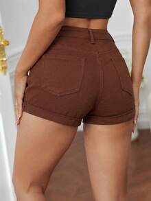 Jeanoix 纯色斜插口袋休闲修身牛仔短裤，春夏款 - 棕色 - 查看 2
