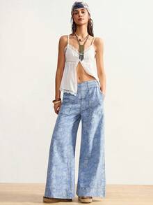 Bohemela Women's Low-Rise, Loose-Fitting, Patterned, Versatile, Casual, Drawstring Waist, Slim-Fit Straight Leg Jeans, Light Blue, Bohemian Style, Casual Vacation, Summer Outfit, Spring Break Outfit, Beach Vacation Wear. - Multicolor - View 3