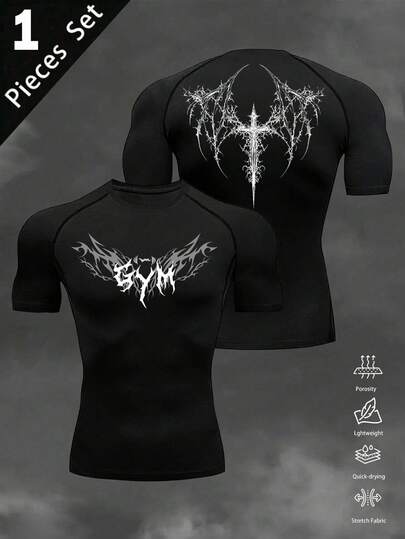 Manfinity Sport Corelite 1 pieza Camiseta deportiva de manga corta con estampado de cruz y alas para hombres, color negro