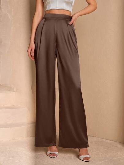 EURMUSE Kvinnors enfärgade satintyg veckade detaljerade vida benbyxor