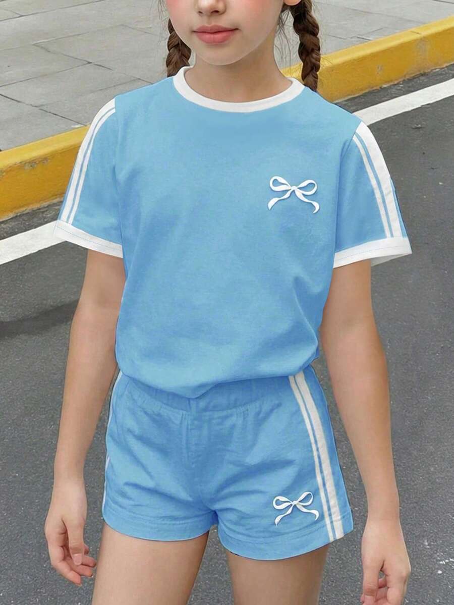 两件套少女休闲蝴蝶结条纹短袖圆领T恤短裤套装，适合夏季、秋季外出穿着，舒适百搭，秋季叠穿，时尚女孩，休闲装，儿童印花服装，返校季、秋季服装、返校季 - 彩色 - 查看 1