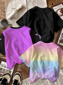 SHEIN 3pcs/Set Young Girl Casual Colorblock K-Pop Cartoon Girl Print Loose Fit Round Neck Short Sleeve T-Shirt, Suitable For Summer, Back To School - Multicolor - View 2