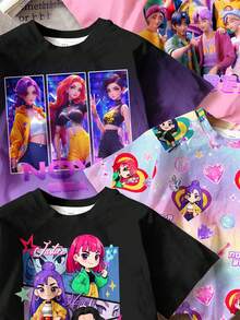SHEIN 4件套少女返校卡通女孩肖像T恤，K-Pop巨星图案，色彩缤纷，黑紫粉撞色设计，时尚撞色拼接，宽松休闲落肩圆领短袖基础款T恤，适合春夏穿着，休闲校园风、运动休闲、户外野餐、街头风、居家穿着。 - 彩色 - 查看 8